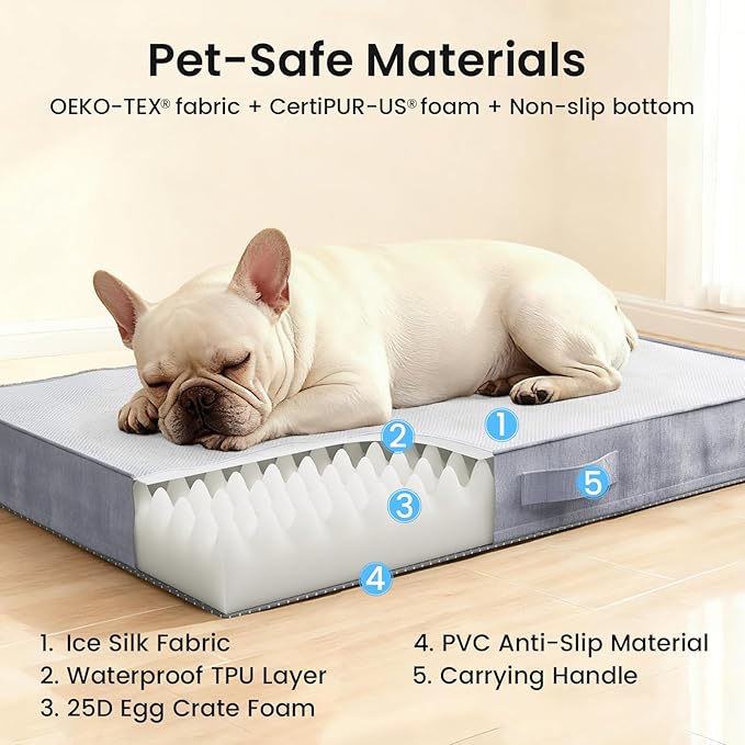 OhGeni Orthopedic Cooling Dog Bed for Medium Dogs, Cooling Mat with Machine-Washable Removable Cover in Easy-Clean Fabric, High Density Foam & Easy-Carry Handle, Summer Pad, 30 inch (Gray)