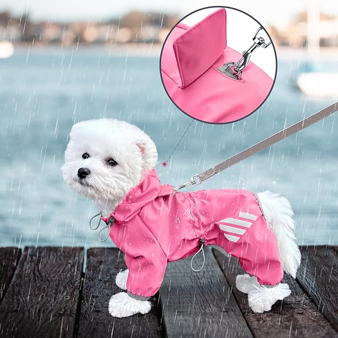 Dog Raincoat, Waterproof Dog Rain Jacket with Hood, Rain Coat with Leash Hole, Reflective Strap for Small Medium Dogs, Lightweight Puppy Clothes(Pink,S)