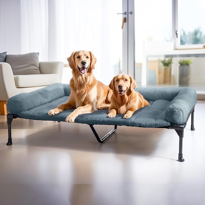 Veehoo Orthopedic Elevated Dog Bed with Fluffy Plush Bolster Cushion, Indoor Raised Dog Beds for Large Dogs, Soft Pet Sofa Cot with Removable Washable Mat, No-Slip Feet, 59 x 37 inches, Haze Blue
