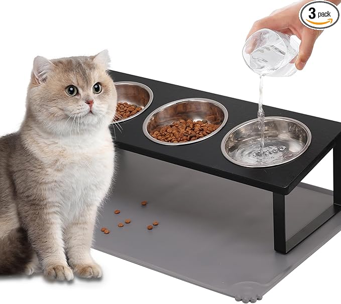Upgraded Elevated Cat Bowls with Food Mat,15°Tilted Stand Anti Vomiting Raised Cat Dishes for Food and Water,3 Stainless Steel Bowls for Cats and Puppy（Black）