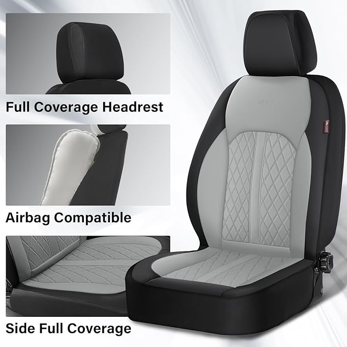 Coverado Universal Leather Seat Covers Front Seats, 2-Pack Seat Covers for SUV, Pickup Truck, Sedan, Automotive Vehicle Interior, Waterproof and Durable All Weather Protector，Black&Gray
