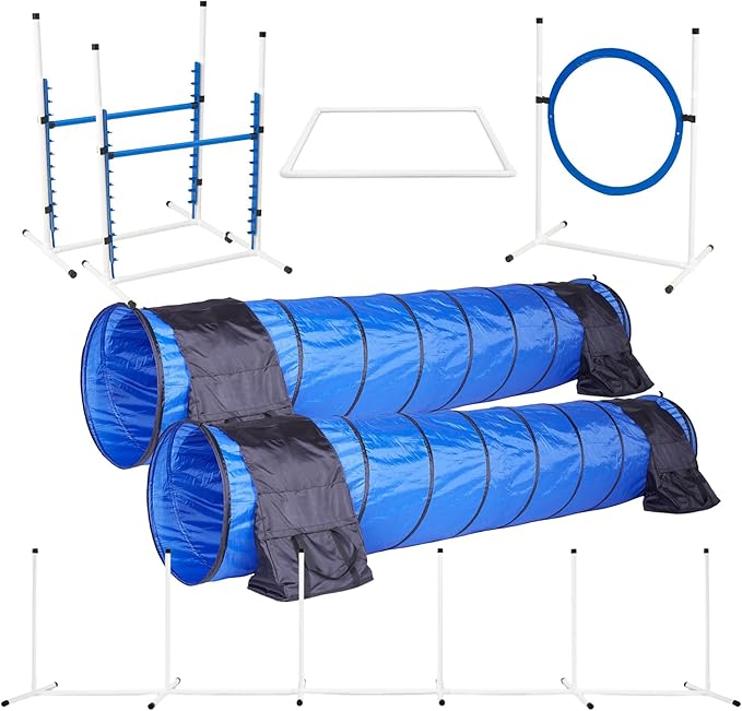 Better Sporting Dogs Elite Agility Set for Dogs w/Safety-Focused Features | 7Pc Agility Kit | (2) Bar Jumps w/Cup Strips | Breakaway Tire Jump | 6 Weave Poles | (2) 10’ Tunnel & Sandbags | Pause Box