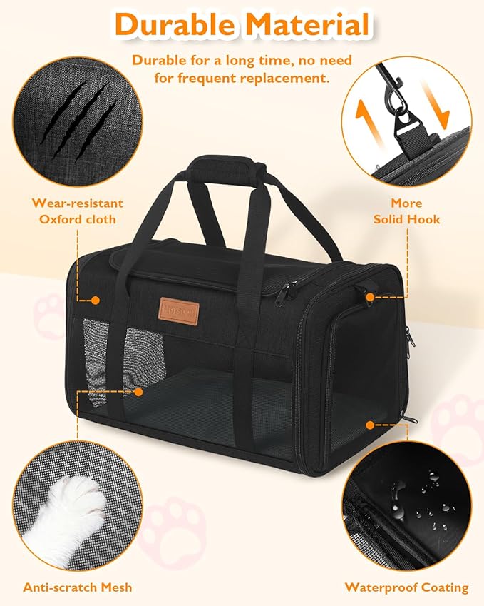 PETUX Airline Approved Pet Carrier - 17x11x9.5 in, Underseat, Top & Side Entry, Soft Sided Cat Carrier for Small Cat Up to 12 lbs with Breathable Anti-Scratch Mesh for Travel & Vet - Black