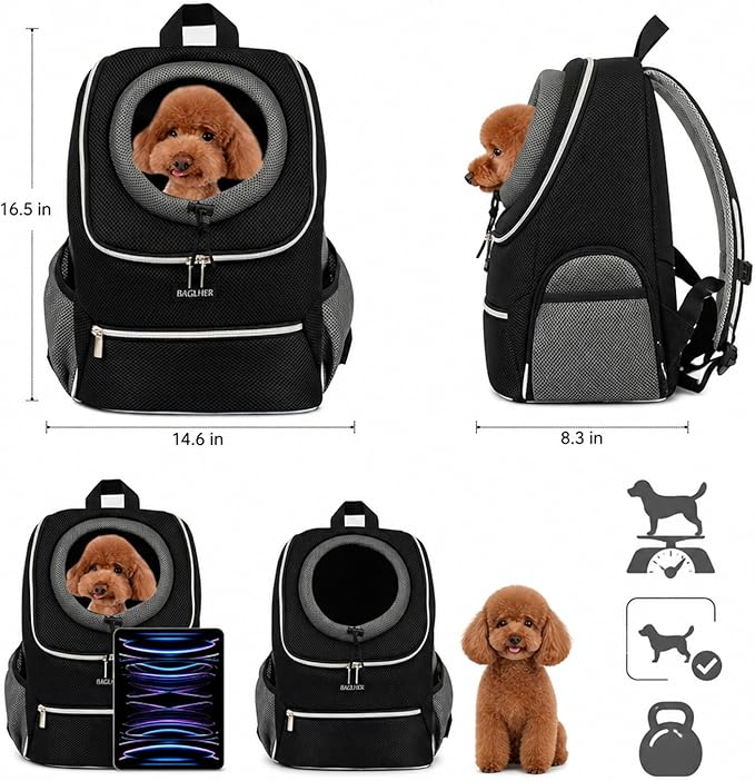 BAGLHER Dog Carrier Backpack for Small Dogs - Front Breathable Pet Backpack with Safety Buckle, Adjustable Hands-Free Design for Hiking, Cycling, Camping & Outdoor Use - Black, Size M (5-9 lbs)