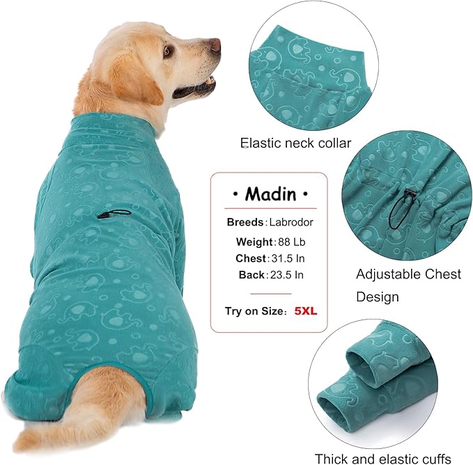Dog Coats Autumn Winter Jumpsuit for Large Medium Dogs, Warmer Recovery Suit Polar Fleece Dog Bodysuit Lightweight Pajamas Pullover Stretchy Onesie Four-Legged Cold Weather Clothes (7XL, Green)