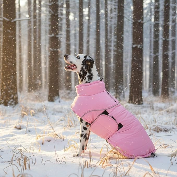 ASENKU Extra Warm Dog Coat with Fleece, Reflective Puffer Jacket, Adjustable with Zippered Leash Hole for Large Dogs, Winter Clothes (Pink, 2XL)