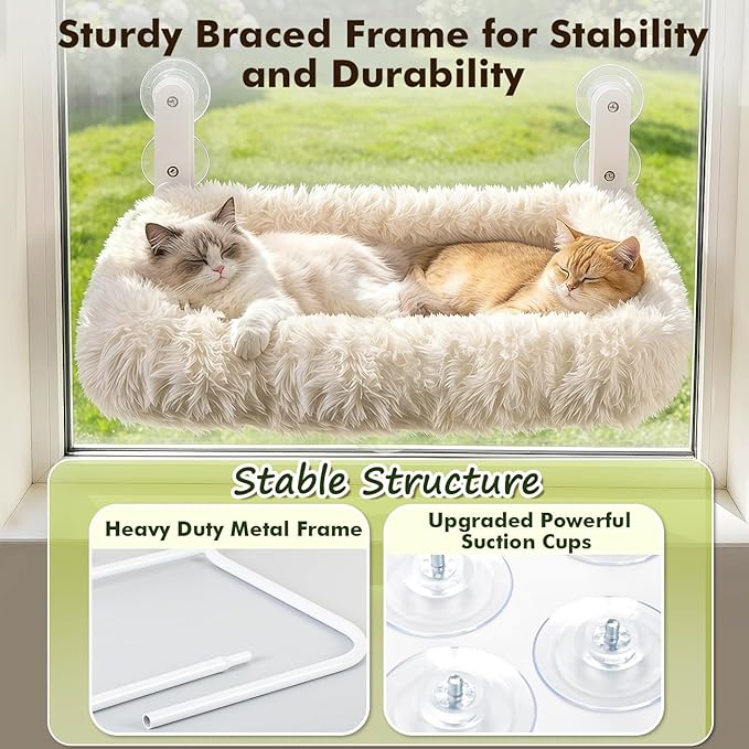 Zoratoo Cloud-Snuggle Cat Window Perch with 4-Sided Ultra-Thick & Fluffy Plush Cushion Bed, Foldable Cordless Cat Window Hammock for Window with Sturdy Metal Frame for Large Cats and Kittens (L,White)
