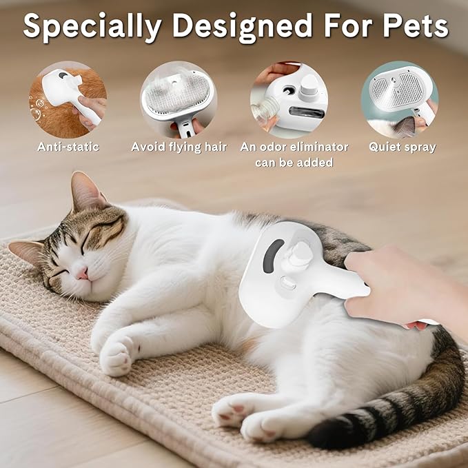 Pet Steam Brush for Dogs & Cats - 3-in-1 Deshedding & Detangling Tool with Steam Spray, Anti-Static Grooming Brush for Long/Short Haired Pets, Waterless Cleaning & Massage(White)