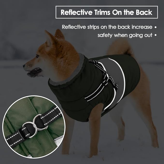 Dog Winter Coat, Waterproof Dog Coat Jacket with Harness for Medium Dogs Boys Girls, Reflective Fleece Lined Pet Snow Jacket Sweaters for Pug, Jack Russel, Boston Terrier, Army Green M