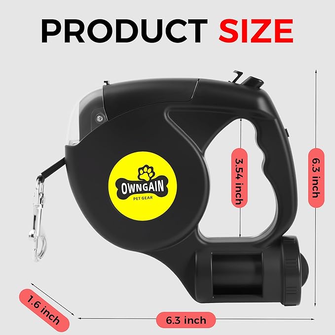 Retractable Dog Leash with Flashlight for Night Walks - 16FT Retractable Leash with Comfort Grip and Integrated Waste Bag Dispenser for Cats,Medium,Large,Small Dogs(Black-Large)