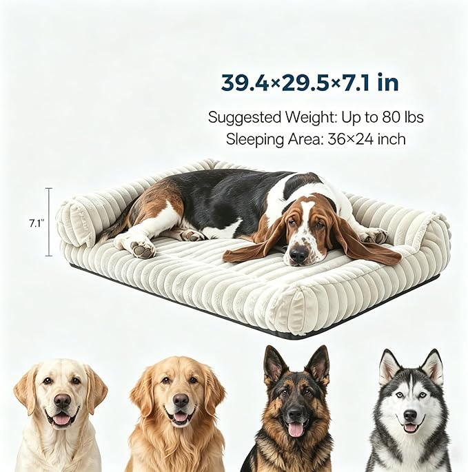 Orthopedic Dog Bed for Large Dogs with Washable Dog Bed Cover, Oeko‑TEX Certified Memory Foam Dogs Bed with Sides L-Shaped, Removable Cover, Dog Couch Bed Non-Slip, XL Dog Bed 39.4"×29.5", White