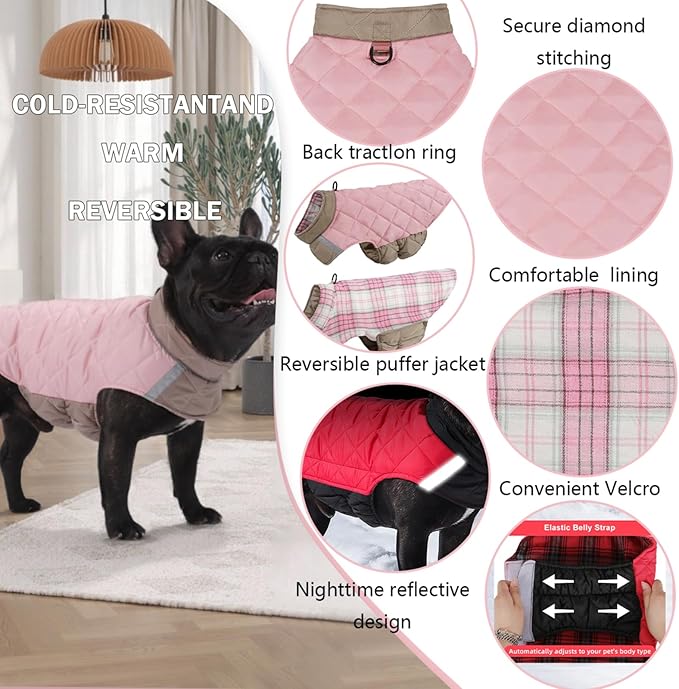 Dog Winter Coat for Large Dogs,Warm Reversible Puffer Jacket Lightweight Pet Vest Snowsuit with D-Ring,Waterproof Dog Cold Weather Coats Small to Large Breed Dogs Clothes,Pink,6XL