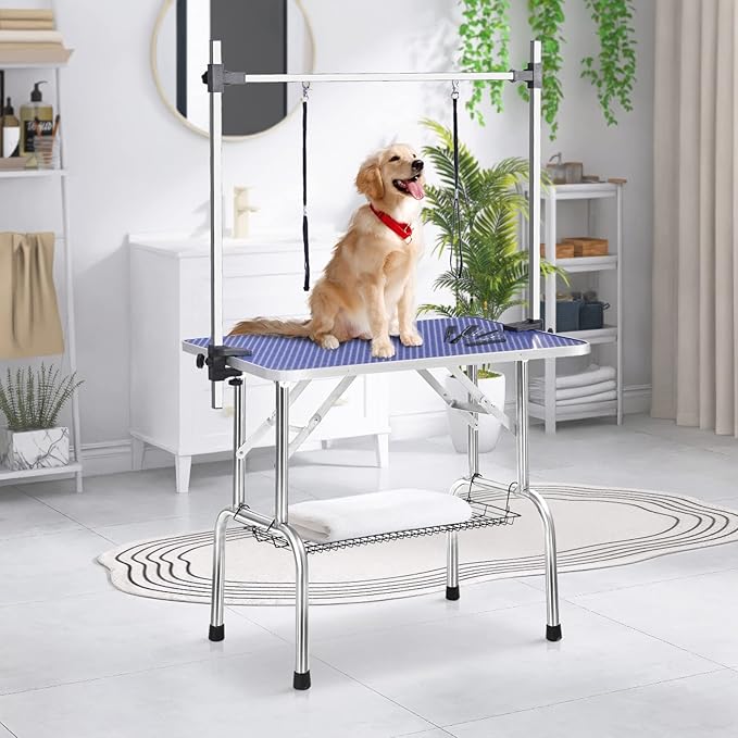 46 Inch Professional Adjustable Pet Grooming Table Heavy Duty with Arm Noose & Mesh Tray for Dog Cat Shower Table Maximum Capacity Up to 265Lb, Blue