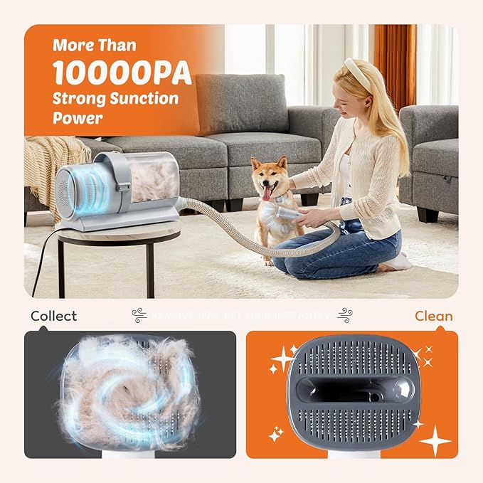DUMOS Pet Grooming Vacuum Kit, 3 Adjustable Suction Modes Dog Clipper, 5 Professional Grooming Tools with Cordless Low Noise Cat Hair Clippers, 2.5L, Gray