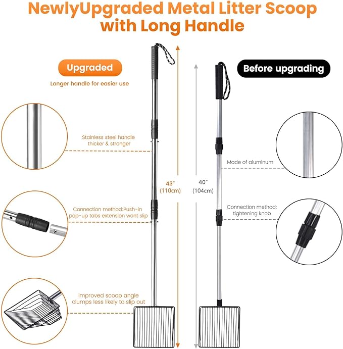 PETOCAT Cat Litter Scoop 43 inch Metal Litter Scooper with Stainless Steel Long Handle, Upgraded Large Kitty Box Scooper Heavy Duty Deep Shovel for Fast Sifting, Dog Waste Scooops for Outside Pet Poop