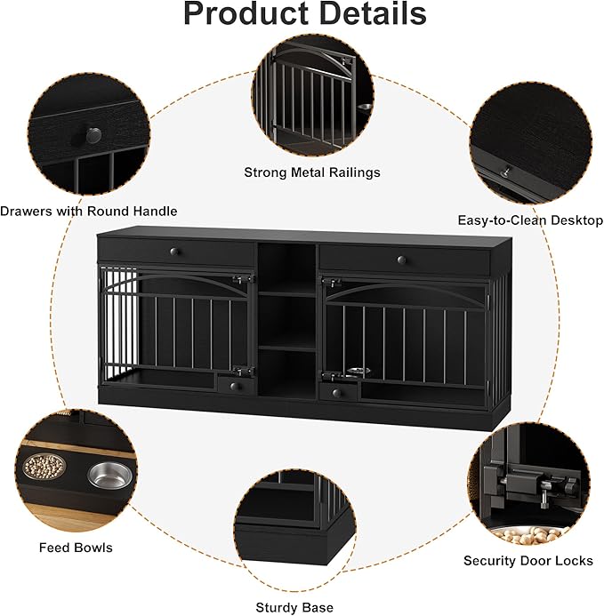 GarveeHome Dog Crate Furniture for 2 Dogs, Dog Kennel Indoor with Storage and Feeding Bowls, Double Dog Crate TV Stand for Small Medium Dogs, Black