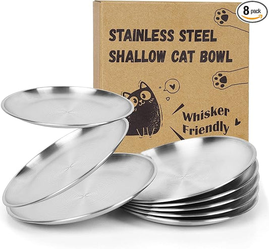8-Pack Stainless Steel Cat Food Bowls, Shallow Whisker-Friendly Non-Slip Silicone Base Metal Dishes, Easy to Clean Indoor Feeding Flat Plates for Cat, Kitten, Small Dog (6.7")