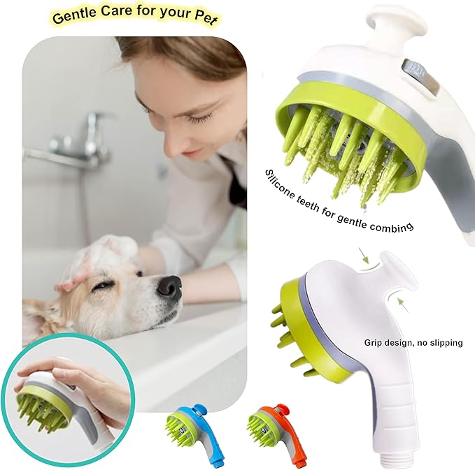 Dog Shower Head Brush Splash Shield Indoor Outdoor Pet Wash Bath Grooming Accessories Water Pressure Control Rubber Scrubbing (1, White)