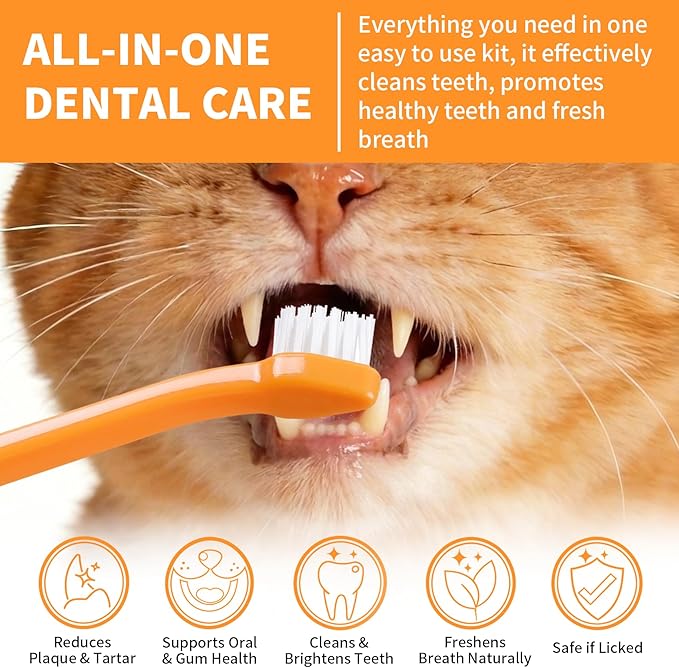 Cat Dental Kit with Salmon Flavor Toothpaste 1.06 oz | Enzymatic Cat Toothpaste, Includes Toothbrush & Finger Brush | Gentle Plaque & Breath Care