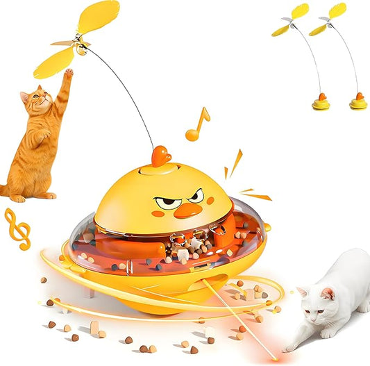 hooroor 4-in-1 Automatic Cat Toy Gift for Cat Owners, Interactive Laser & Feather Teaser with Bird Sounds, Treat Reward, Self-Balancing 360° Spinning Enrichment Exercise Toy for Bored Indoor Cats