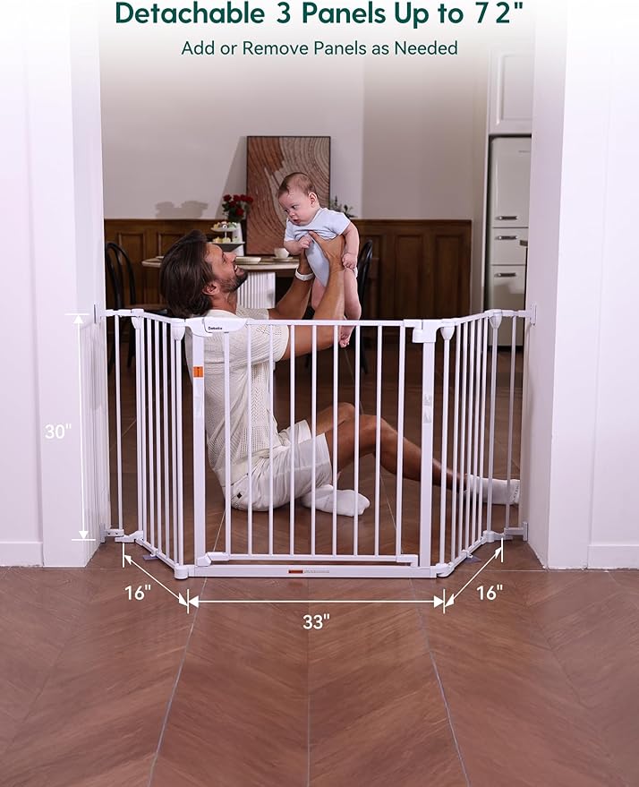 Babelio 72" Extra Wide Baby Gate, 30” Tall Auto Close Dog Fence for Stairs Kitchen Doorways Fireplace, Hardware Mounted Pet Gate Indoor, Foldable 3 Metal Panels, AdaptiZone Series, White