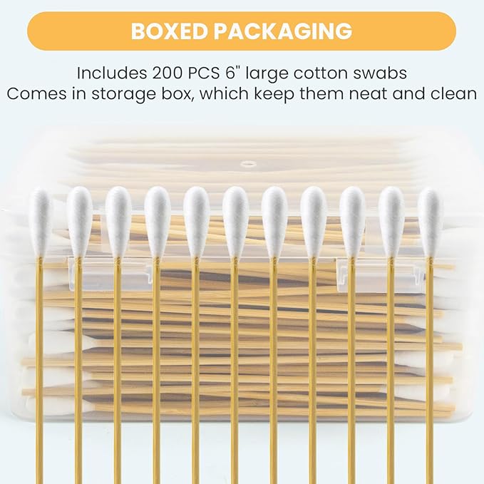 200PCS 6" Cotton Swabs Large in Storage Box - Long Cotton Swab with Bamboo Handle - Soft, Lint Free, Highly Absorbent Single Tipped Applicators for Dog Care, Makeup & Home Cleaning