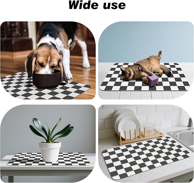 CooRug Checkered Dog Food Mat, Absorbent Leak-Proof Pet Feeding Mat, Quick Dry Cat Food Mat for Messy Drinkers 16" x 24" Black