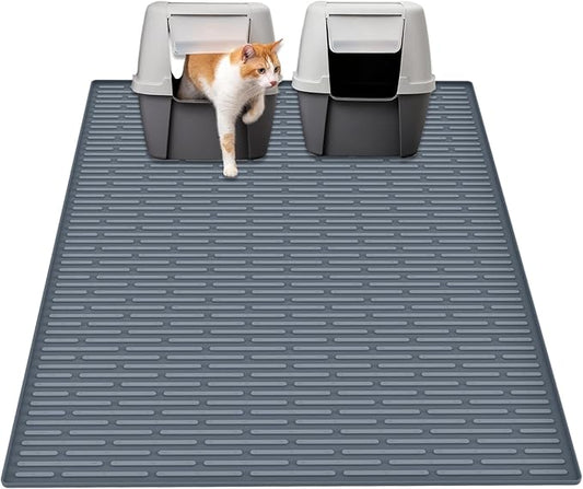 40"x30"(100cmx75cm) Extra Large Silicone Cat Litter Mat, XXL Litter Trapping Mat for Under Litter Box, Non-Slip Waterproof Kitty Litter Catcher, Easy to Clean Mat for Cats, Gray Blue