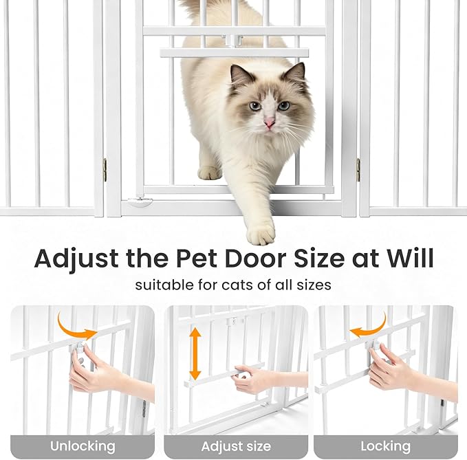 Full Metal Freestanding Dog Gate with Cat Door for Outdoor & Indoor,34" Tall Foldable Pet Fence,60" Extra Wide Free Standing Dog Gate for RV Camping,Stairs,Hallways,Doorways,Deck,Yard (3 Panels,White)
