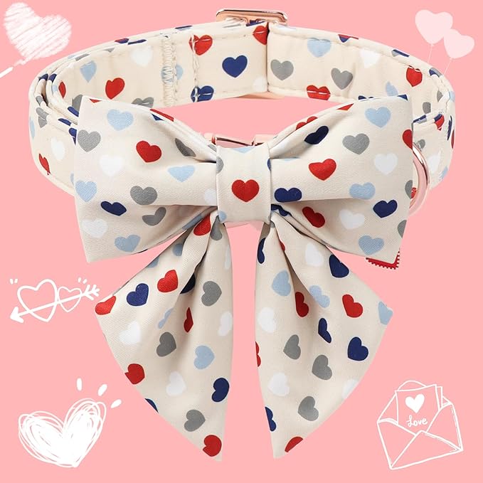 DOGWONG Dog Bow Collar Valentine's Day Dog Collar -Hearts Print Dog Collar with Bowtie Spring Dog Collars Pet Collar Bows Cute Collars,L