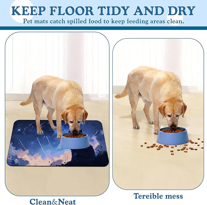 Starry Night Cat Dog Food Mat–Absorbent Quick Dry Feeding Placemat for Food and Water Bowls, Non Slip Rubber Backing, Waterproof Pet Supplies for Mess-Free Eating 16"x24"