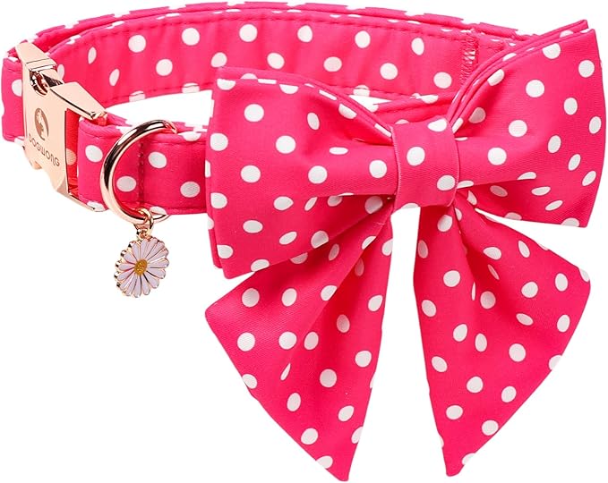 Pink Dog Collar for Girl Dogs, Spring Summer Pink Dots Dog Collar with Bowtie- Adjustable Female Sailor Bow Dog Collar for Medium Dogs M