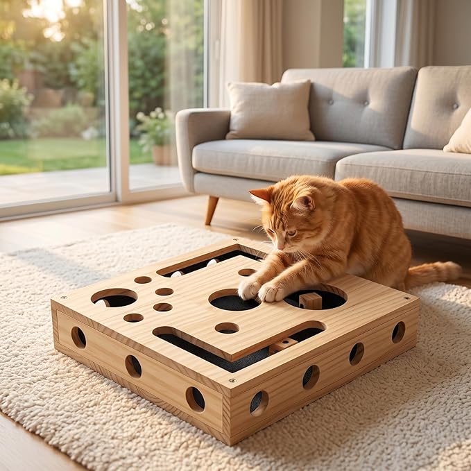 2026 New Cat Nail File Box, Cat Scratch Puzzle Enrichment Box with 1 Interactive Wand Toy & 3 Bell Balls, Cat Puzzle Feeder Scratch Puzzle Toy Gift for Indoor Cats, Trimming Nails