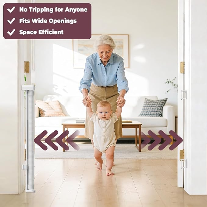 78" Retractable Extra Wide Baby Gates for Doorways, Long Mesh Dog Gate for Large Openings, Indoor Outdoor Pet Gate for Deck Porch Kitchens Hallways, 34" Height, White