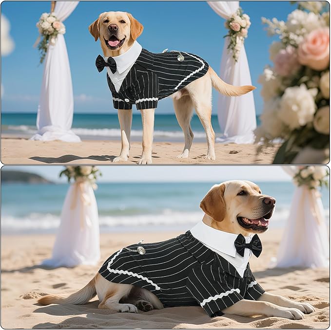 DENTRUN Dog Tuxedo Suit with Bow Tie - Formal Black & White Striped Pet Costume Shirt, Elegant Wedding Outfit Birthday Party Attire for Golden Retriever Husky Border Collie Large Dogs, XXXL