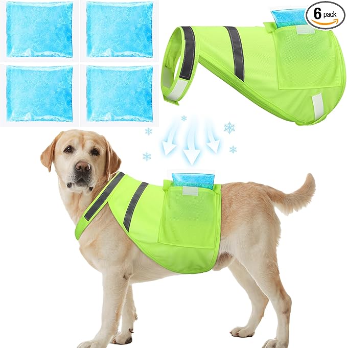 Aliceset 2 Pcs Dog Cooling Vest with 4 Recyclable Ice Pack Summer Outdoor Dog Cooling Harness Shirt Adjustable Pet Cooler(Fluorescent Green,Large)