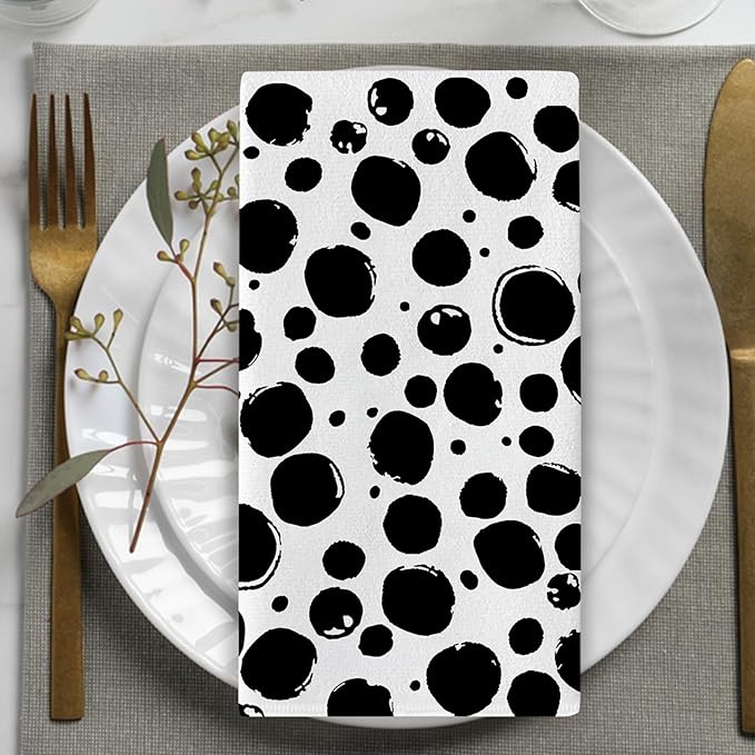 Black White Polka Dots Kitchen Dish Towels Set of 2, Spots Doodle Drying Hand Towel Baking Cooking Cloth, Modern Art Bathroom Home Decoration 18 x 26 Inches