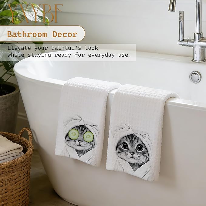 Funny Tabby Cat Hand Towels for Bathroom Powder Room Spa Decor 16x24 Inches, Cat Mom Lady Gifts, Black and White Bathrobe Kitten Bathroom Towels Decorative, Set of 2