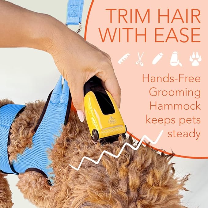 PawsUp Pet Grooming Hammock Kit for Large Dogs, 4-in-1 Professional Grooming Sling for Nail Trimming, Includes Heavy Duty Clipper, Nail File, and Steel Comb – Blue