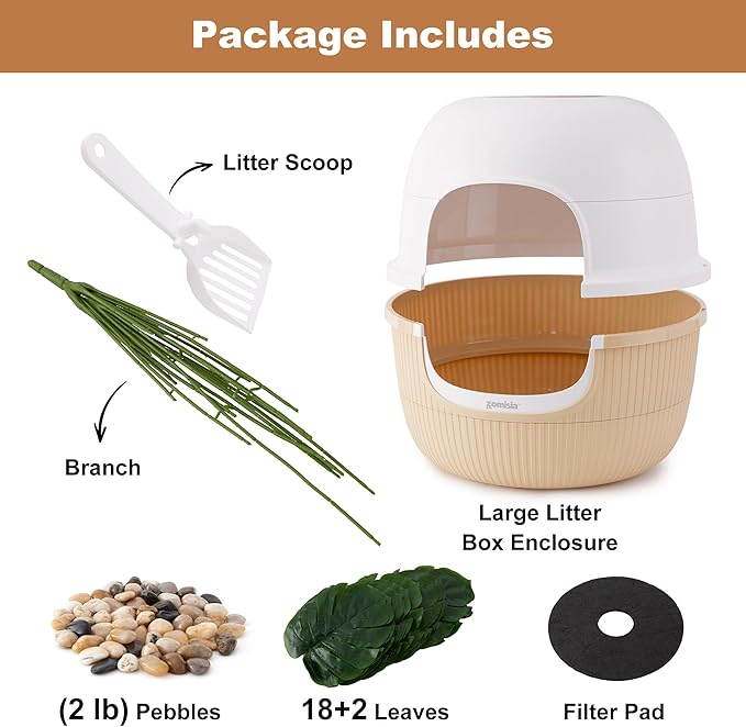 ZOMISIA Hidden Cat Litter Box with Faux Plant, Odor Control Litter Box Enclosure Furniture with Artificial Planter and Scoop, Easy to Assemble and Clean, White & Khaki