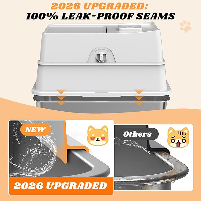 Stainless Steel Litter Box with Lid | Extra Large Enclosed Cat Litter Box for Big Cats | High Sided Metal Litter Boxes | 100% Anti-Urine Leakage | Odor Control | Non-Stick with Litter Scoop Set & Mat