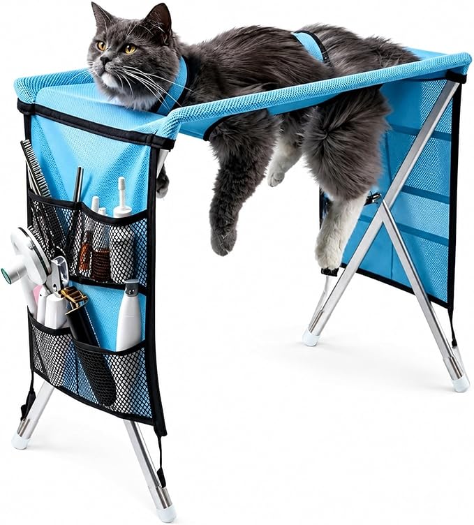 Pet Grooming Hammock for Small Dogs & Cats, Foldable Stainless Steel Grooming Table with Storage Pockets, Pet Bathing Support Stand for Nail Trimming & Drying(Blue)