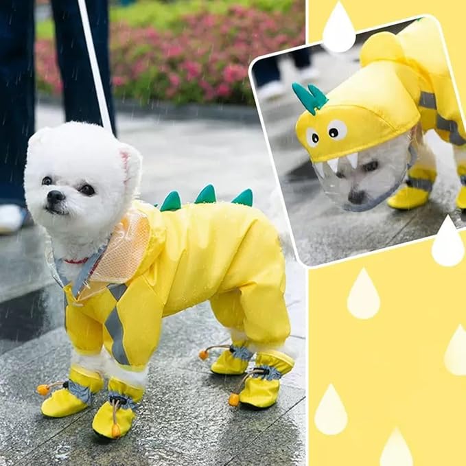 Waterproof Dog Raincoat,Full Coverage 4 Legs Dog Rain Jacket for Small Dogs,Pet Rain Coat with Hood,Reflective Strips&Leash Hole Outdoor Raincoat (Medium（for Weight 5.1-8.1 lb）, Yellow Dinosaur)