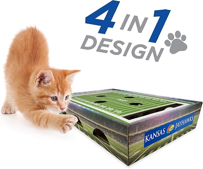 Pets First NCAA Kansas Jayhawks Cat Scratcher Box, Game Day Cat Toy, Football Field Design, Stimulating Lounge