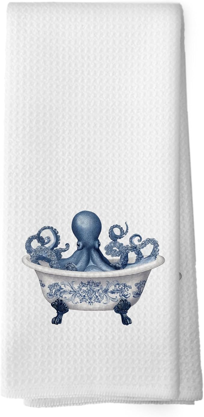 Chinoiserie Coastal Beach Octopus Hand Towels, Ocean Nautical Beachy Hand Towel for Bathroom Decor, Octopus Bathroom Decor, Coastal Marine Decorative Towels for Washroom Restroom 16x24 Inch