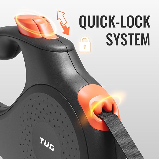 TUG 360° Tangle-Free Retractable Dog Leash | 16 ft Strong Nylon Tape (Medium, Black/Orange)