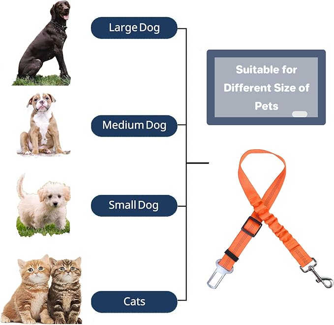 Dog Seat Belt for Car, Adjustable Dog Car Harness, Reflective Dog Seatbelt Leash with Elastic Bungee Buffer, Durable Nylon Pet Safety Dog Seat Belt for All Dog Sizes (Orange)