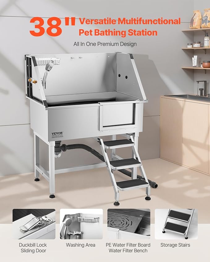 VEVOR 38 Inch Stainless Steel Dog Washing Station, Pet Grooming Tub with Hot & Cold Faucet, Showerhead, Home Wash Sink, Fits Small and Medium Cats and Dogs, Non-Slip Stairs (Right Door)