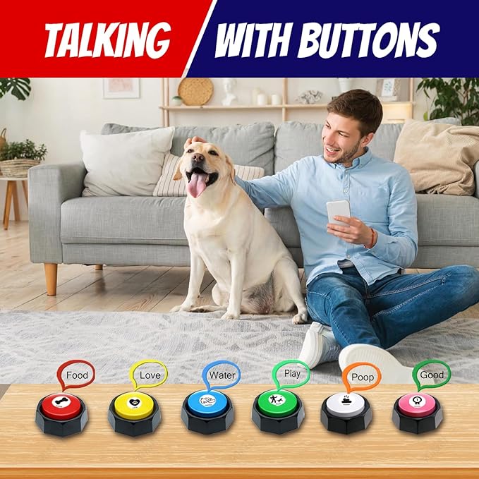 Dog Buttons for Communication 6 Color Training Buttons t, 30s Recordable Pet Training Buttons, Set with 45 Stickers & Magic Tape (Cats/Dogs/Office Games)