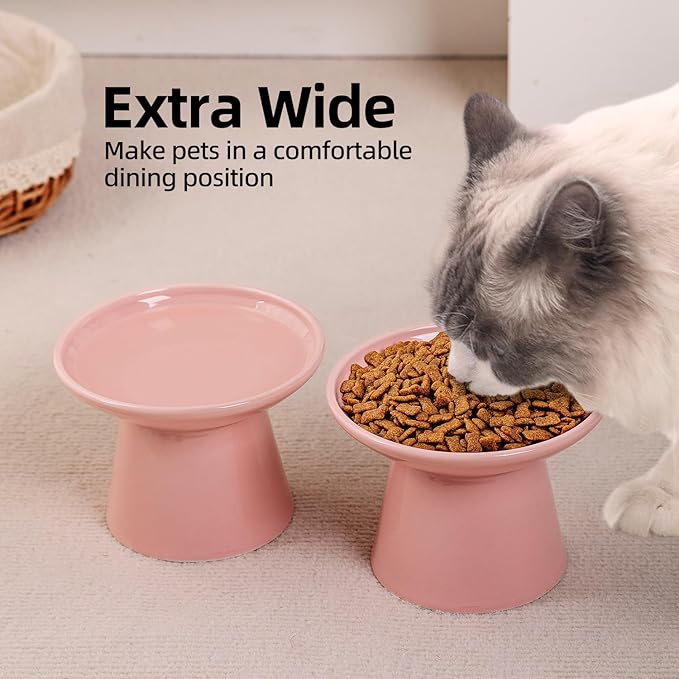 6.2 Inch Extra Wide Elevated Ceramic Cat Bowls, Food and Water Bowl Set for Elder Big Cats Small Dogs, Raised Design for Pet Easy Eating, Protect Cat's Spine Set of 1(Pink)